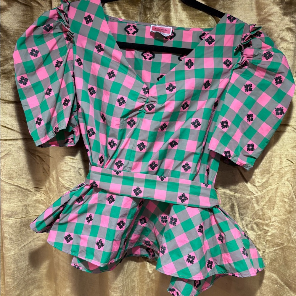 Kate Spade Pink and Green Checkered Peplum, Puff Sleeve Top